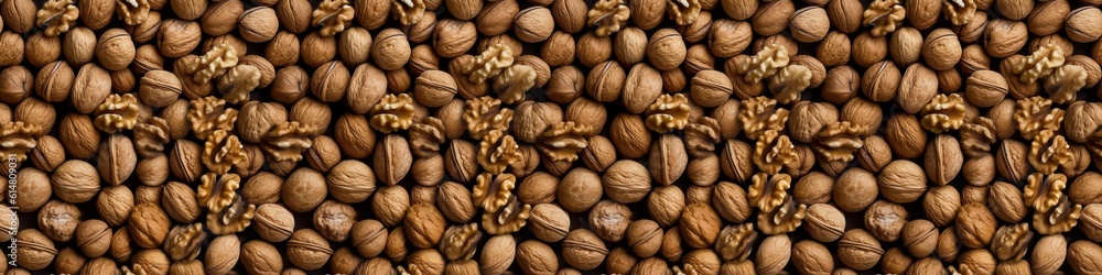 Creative food nuts background banner panorama wallpaper, seamless pattern texture - Top view of many walnuts (Generative Ai) Creative food nuts background banner panorama wallpaper, seamless pattern texture - Top view of many walnuts (Generative Ai)