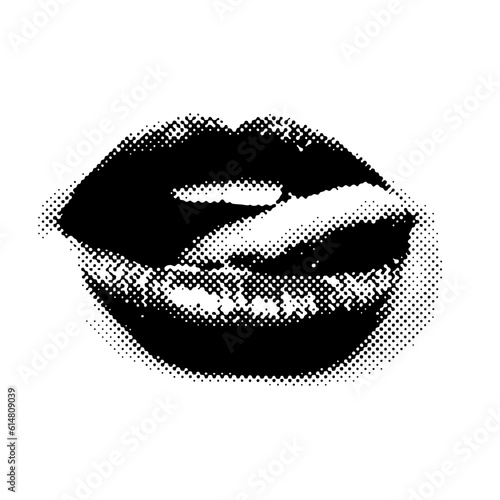 Woman's lips with visible teeth showing tongue in black halftone effect made from small dots. Vector illustration.