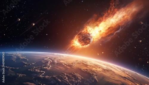 Fototapeta Naklejka Na Ścianę i Meble -  Meteor Impact with Earth, fireball Asteroid In Collision with Planet