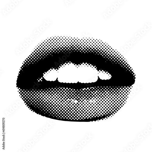 Isolated Halftone mouth element. Collage design lips in trendy magazine style. Vector illustration with vintage grunge punk cutout element.