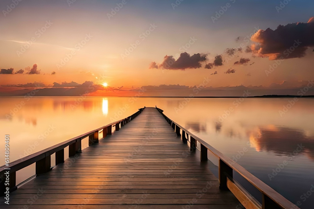 Wooden deck over the lake and horizon with sunset. Created with generative Ai technology.