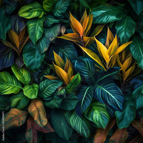 Beautiful  abstract  summer or autumn  lush  colorful tropical leaves background. Exotic  contemporary concept of jungle. Flat lay  top view. Generated by artificial intelligence.