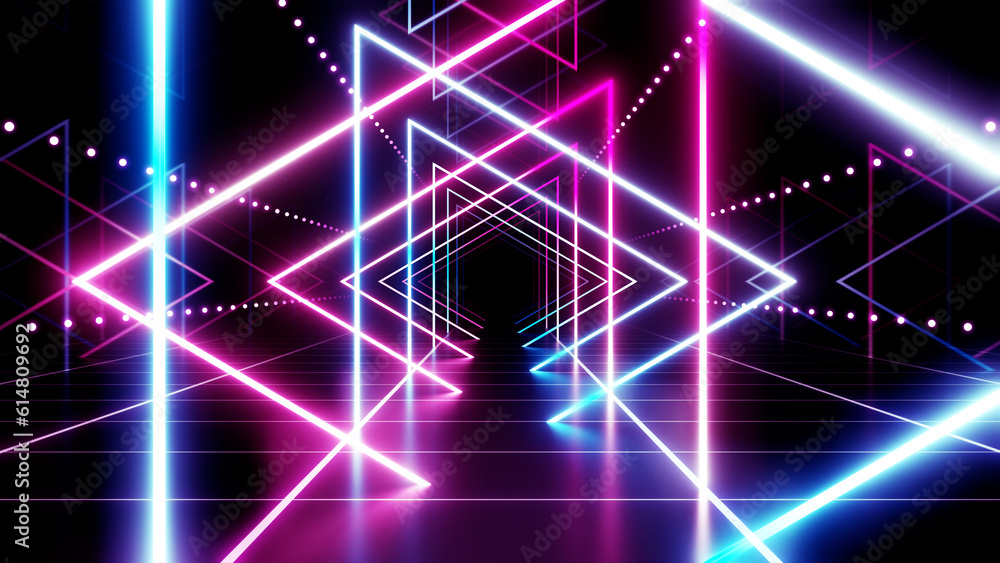 Neon Line Tunnel glowing Fluorescent light corridor stage 3D illustration background