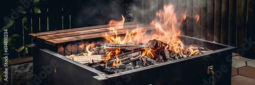 smoking burning coals in firebox of modern backyard grill, Generative AI photo