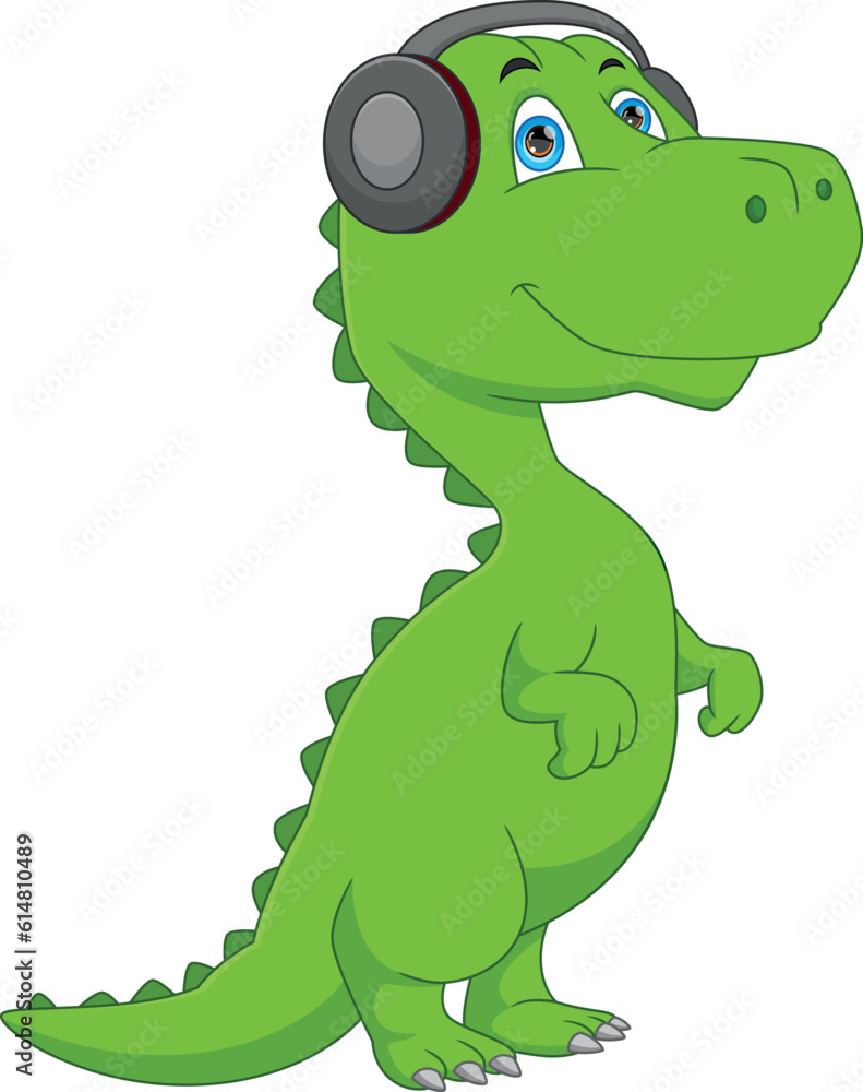 cartoon cute baby dinosaur wearing headphones cartoon cute baby dinosaur wearing headphones