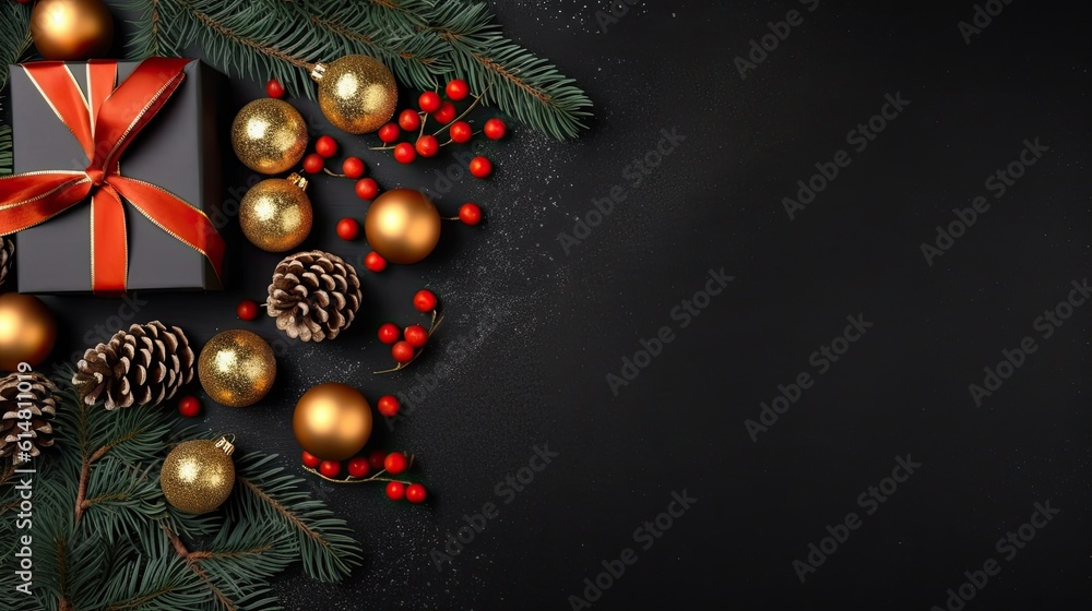  Christmas dark black background with beautiful texture and Golden gift box with red ribbon, fir branches, cones, Christmas tree toys stars, Christmas tree cookies 