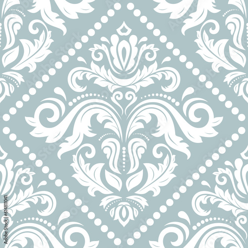 Classic seamless pattern. Damask orient ornament. Classic vintage light blue and white background. Orient ornament for fabric, wallpaper and packaging
