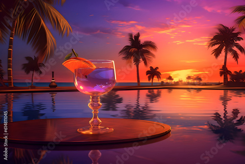 A glass of cocktail with lemon at sunset against the background of the sea