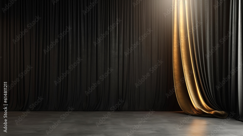 Empty background - Theater stage with black gold velvet curtains (Generative Ai) - obrazy, fototapety, plakaty 
