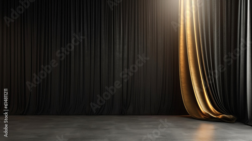 Empty background - Theater stage with black gold velvet curtains (Generative Ai)