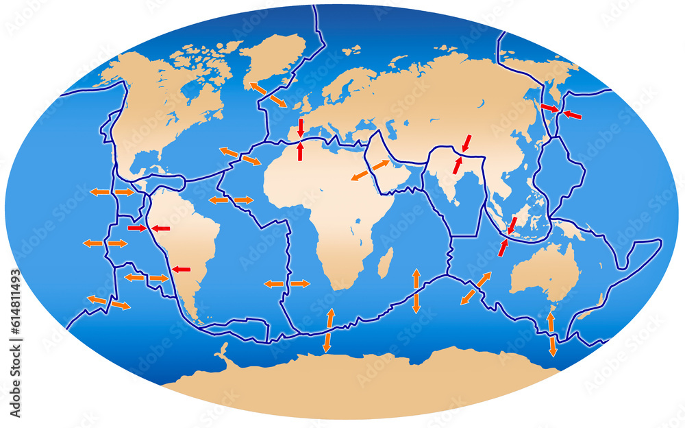 Illustration of world map tectonic plate junctions