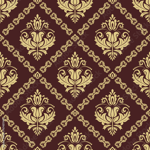 Classic seamless brown and golden pattern. Damask orient ornament. Classic vintage background. Orient ornament for fabric, wallpaper and packaging