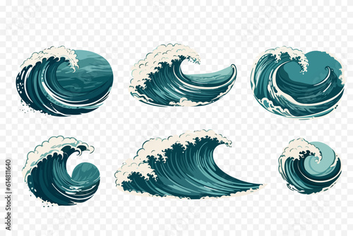 Vector sea waves collection. Ocean waves. Isolated water splash set in cartoon style. Element for your design.