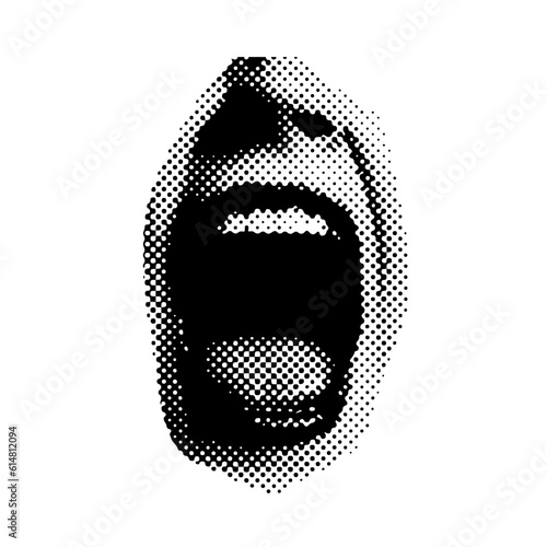 Wide open Halftone Female Mouth. Front view. Vector Isolated dotted isolated illustration.