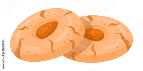 Almond cookies. Chinese cookies topped with almonds, asian biscuit dessert flat vector illustration