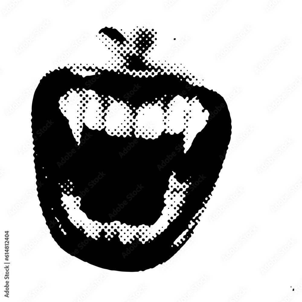 Fototapeta premium Open mouth with vampire fangs in trendy halftone style. Vector analog dotted illustration.