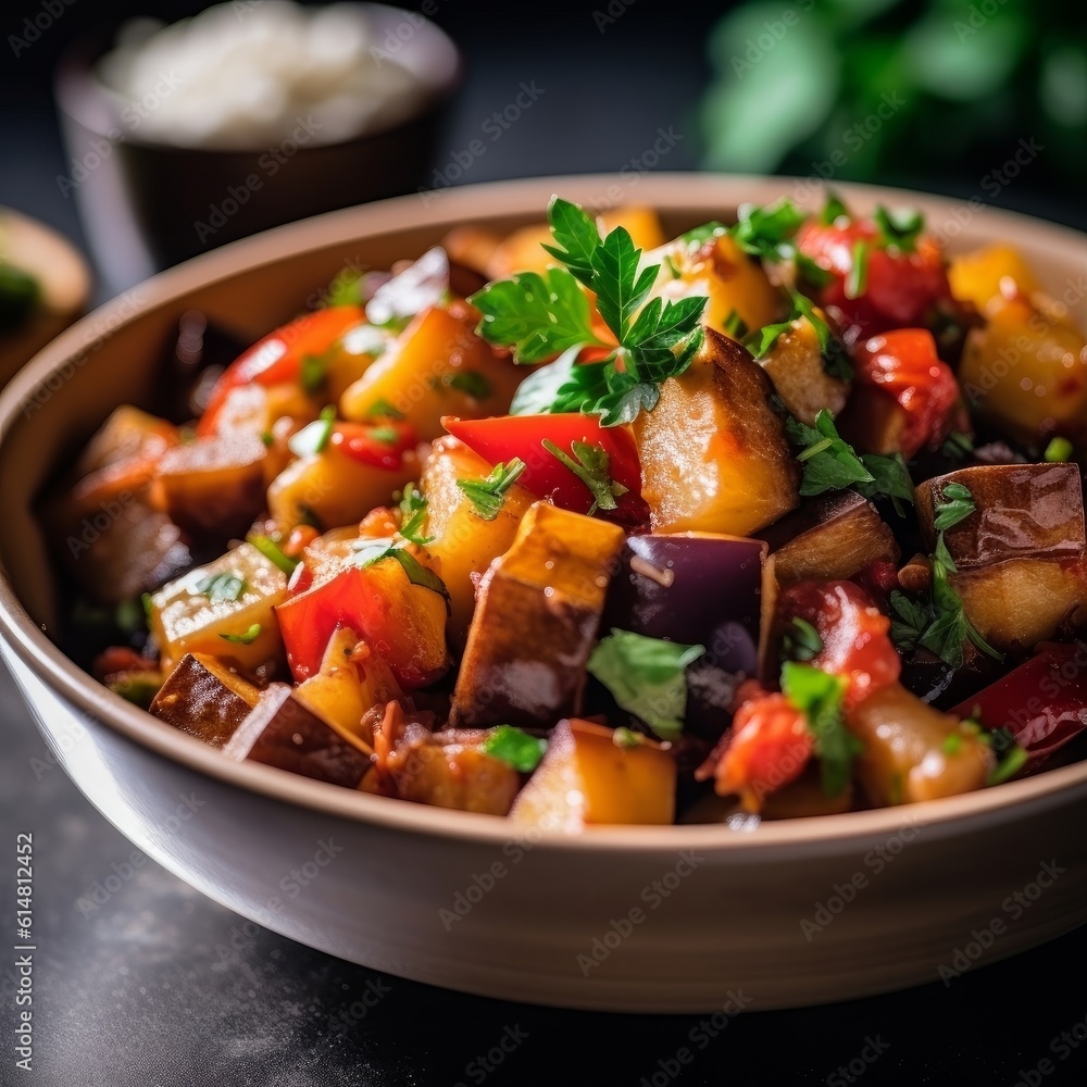 Caponata garnished with fresh parsley and served in a white ceramic bowl Caponata garnished with fresh parsley and served in a white ceramic bowl