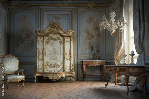 Timeless Elegance: A Photorealistic Capture of a Rococo Room, Showcasing Exquisite Brown Wooden Furniture, Ornate Details, and a Majestic Window, an Ode to the Opulence and Craftsmanship of Rococo Des