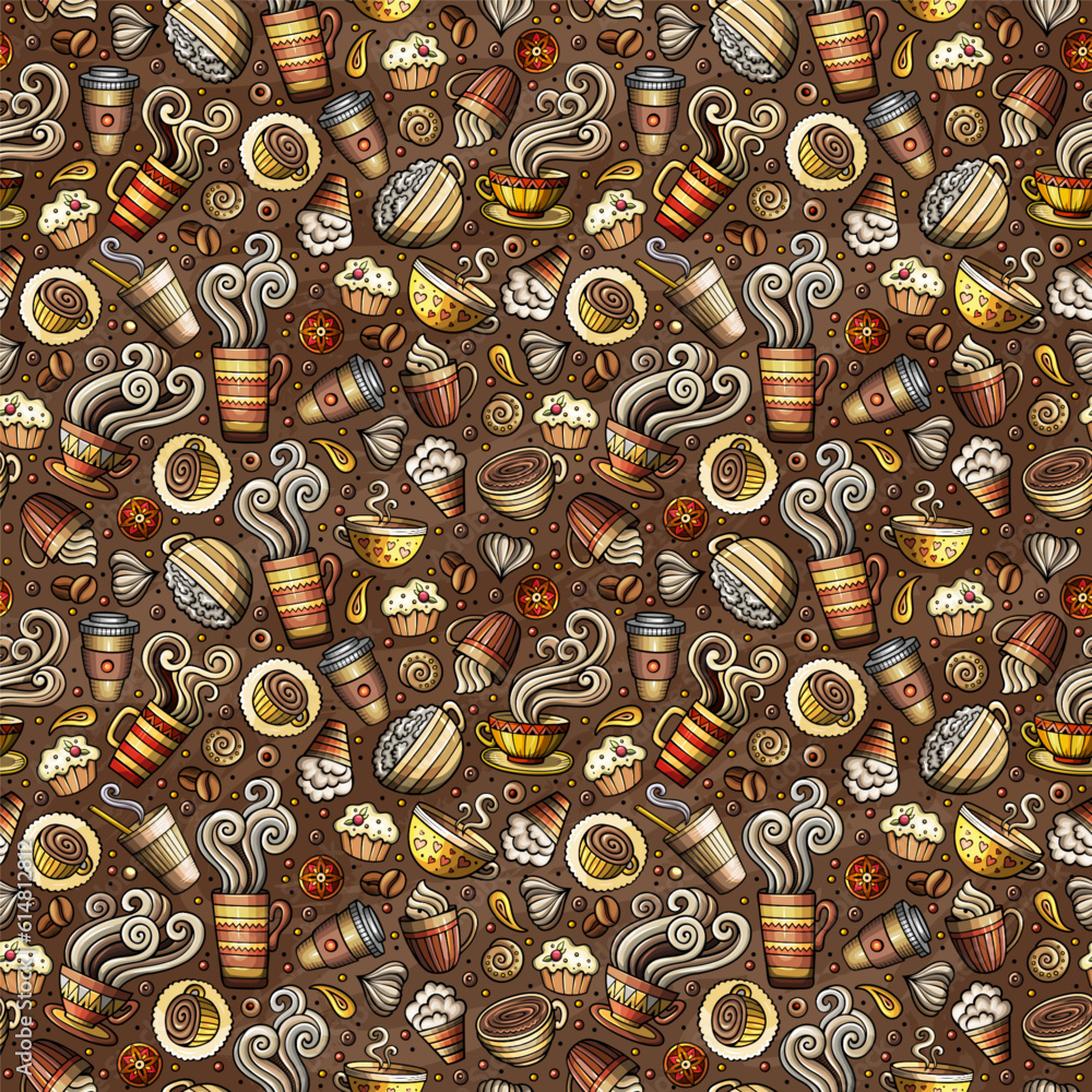 Fototapeta premium Cartoon cute doodles Coffee Shop seamless pattern