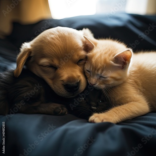 Wallpaper Mural Friendly purebred cats and dog sleeps and hugs together at home. Close up. Generative AI. Torontodigital.ca