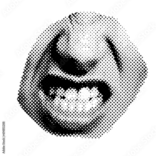 Andry mouth open with teeth isolated halftone black white dots texture bitmap retro vintage style collage element for mixed media modern crazy design. Vector isolated sticker