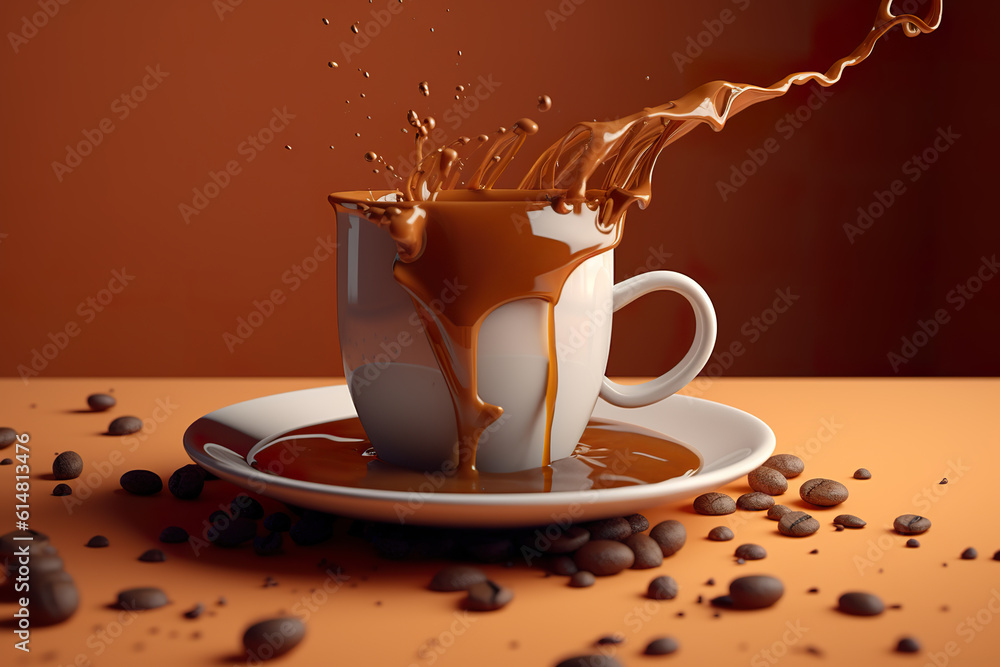 Morning coffee cup with brown coffee splashing in it. Coffee cup overflowing. Cup of coffee
