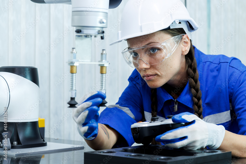 © gumpapa - female automation machine engineer student study and inspection control robot arm machine in university or factory workshop. ai robot technology new innovation trend of manufacturing in industry 5.0