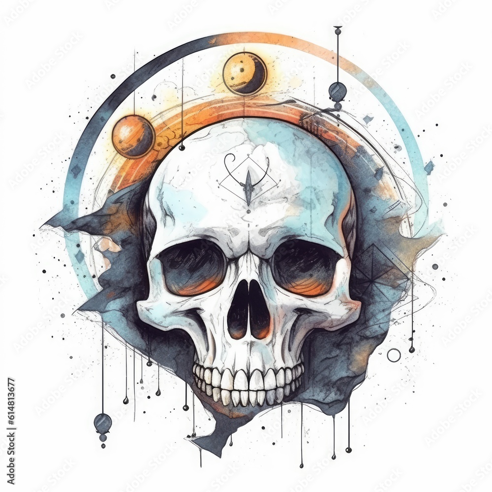 Abstract Skull Design Skull watercolor illustration, clipart, cute abstract art, cool tattoo ...