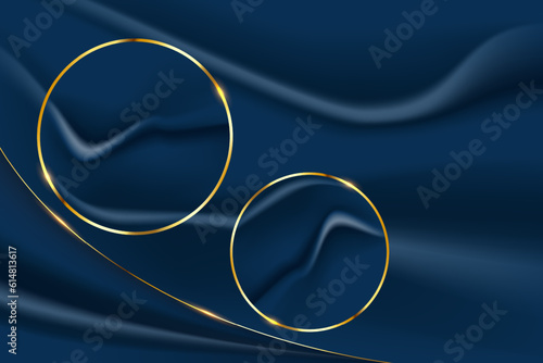 abstract design luxury gold circle line on fabric crumpled dark blue background. vector illustration