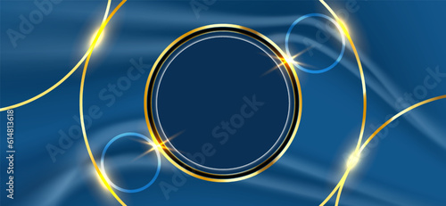 abstract design luxury gold circle line on fabric crumpled dark blue background. vector illustration