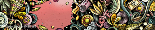 Hippie hand drawn doodle banner. Cartoon detailed illustrations.