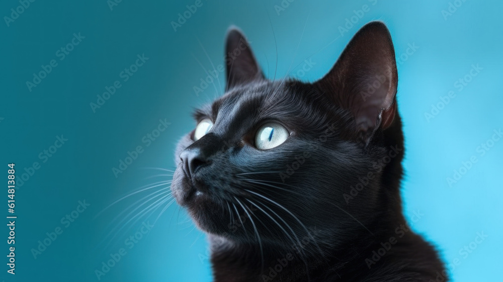 black cat portrait on the pastel color background