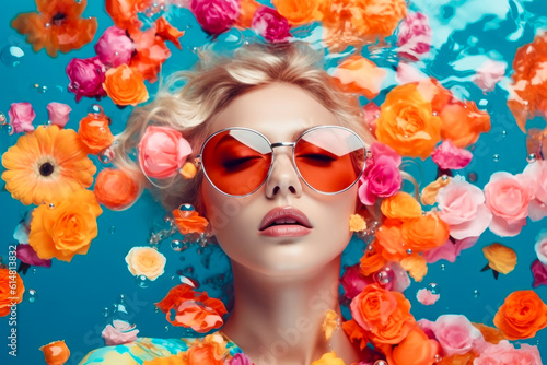 portrait of beauty girl in sunglasses swimming in pool surrounded by petals of flowers. resort concept. generative AI © zamuruev