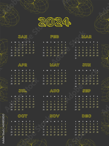 Monthly calendar for 2024. Vertical calendar with retrofuturistic elements. The week starts on Sunday. 