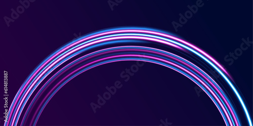 Futuristic dynamic motion technology. Neon color glowing lines background, high-speed light trails effect. Purple glowing wave swirl, impulse cable lines.