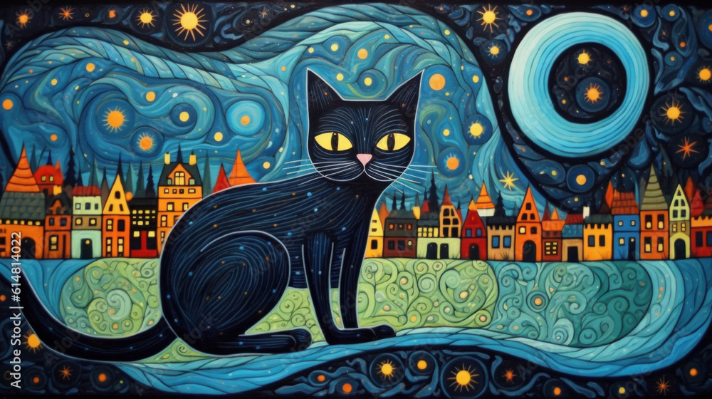 Fototapeta Portrait of cat animal Starry Night Scandinavian folk