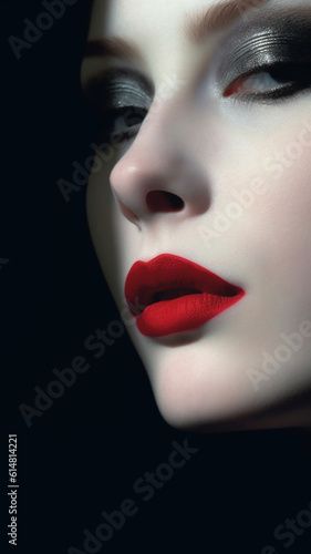 a beautiful female face with red lips emerges from the darkness