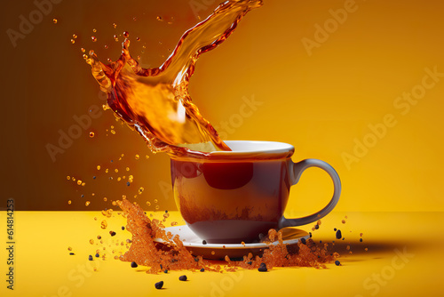 Morning cup of tea with brown tea splashing in it. Tea cup overflowing. Cup of tea creating splash. Realistic 3D illustration. Generative AI