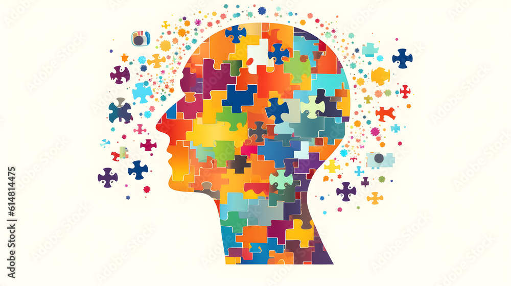 Human head formed by pieces of a puzzle as a brain. Concept of psychology, mental health, Alzheimer's, dementia, autism, brain problem or personality disorder. Vector. Generative ai. Human head formed by pieces of a puzzle as a brain. Concept of psychology, mental health, Alzheimer's, dementia, autism, brain problem or personality disorder. Vector. Generative ai.