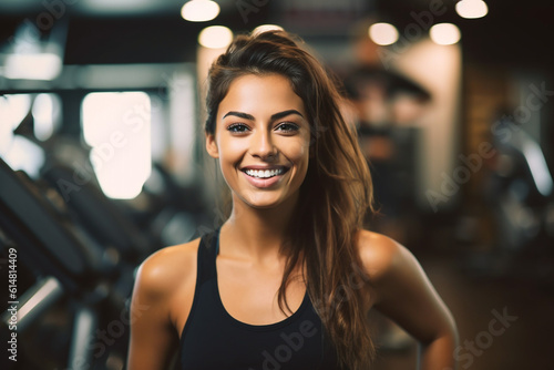 Portrait of a happy fit brunette in the gym. Healthy lifestyle and sports concept. High quality photo