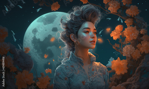 Magic Fantasy Garden Goddess Woman Portrait Digital Generated Colorful Illustration Artwork Background