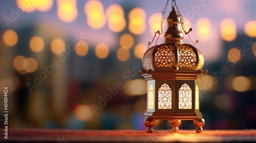 Original traditional ornate oriental lantern with a beautiful bokeh of holiday lights and a mosque in the background.