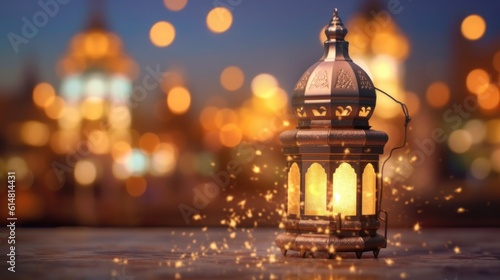 Original traditional ornate oriental lantern with a beautiful bokeh of holiday lights and a mosque in the background.