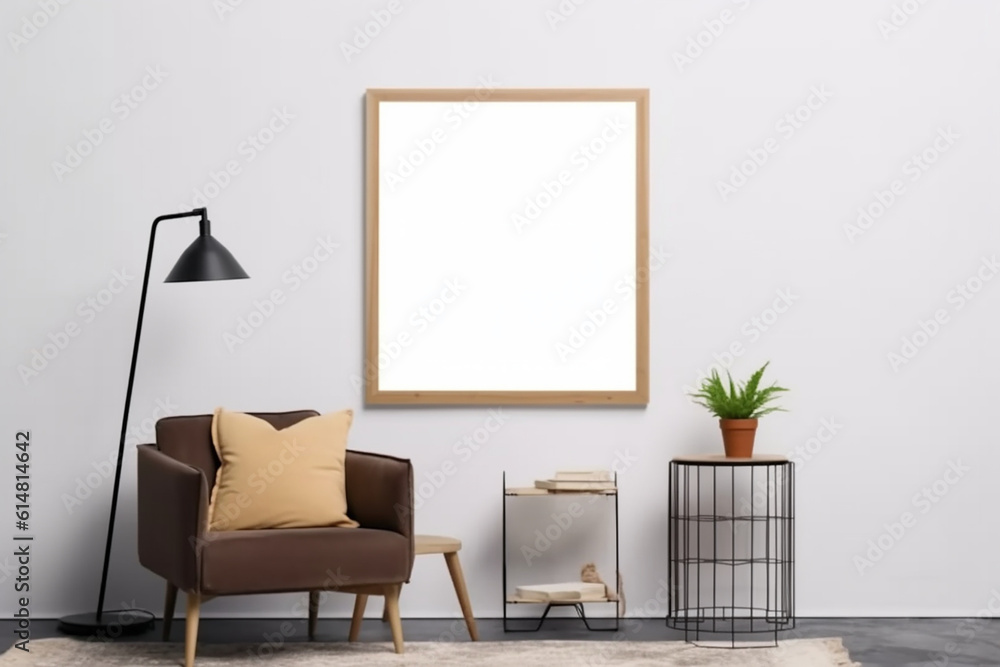 Blank picture frame mockup on gray wall. White living room design. generative AI Blank picture frame mockup on gray wall. White living room design. generative AI