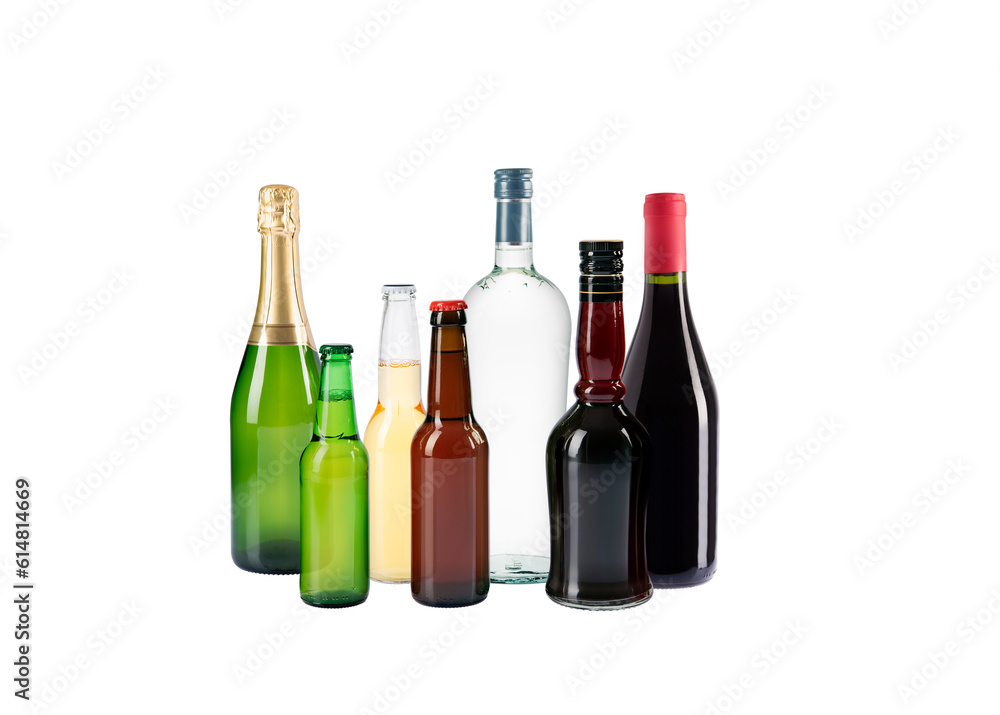 Alcoholic beverages, bottles collection. Martini, Vodka, beer, wine, champagne, liquor. Collection of bottles isolated on white background. Studio photography. Alcoholic beverages, bottles collection. Martini, Vodka, beer, wine, champagne, liquor. Collection of bottles isolated on white background. Studio photography.