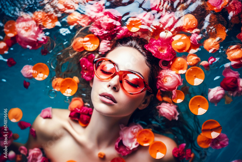 portrait of beauty girl swimming in pool surrounded by petals of flowers. resort concept. generative AI