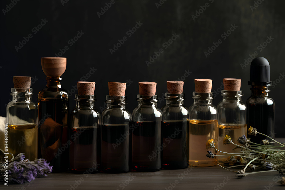 Bottles with essential oils and herbs, Generative AI 1 Bottles with essential oils and herbs, Generative AI 1