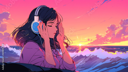 girl in the sunset with sea and lofi music