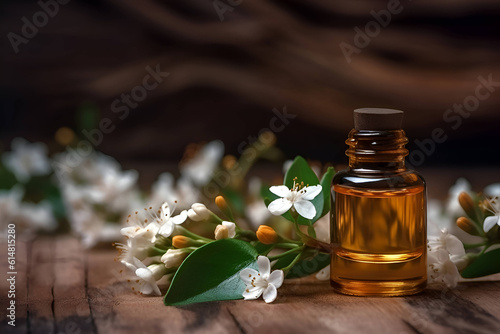 Valokuvatapetti Neroli essential oil with flowers on a wooden background, Generative AI 2