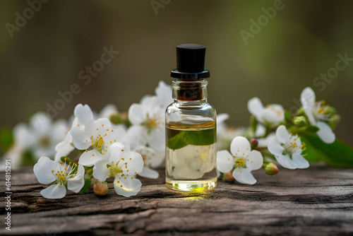 Floral essential oil with flowers on a wooden background, Generative AI